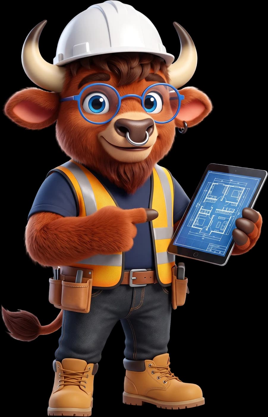 Bizon Build, un personaje bisonte con casco señalando un plano en una tablet