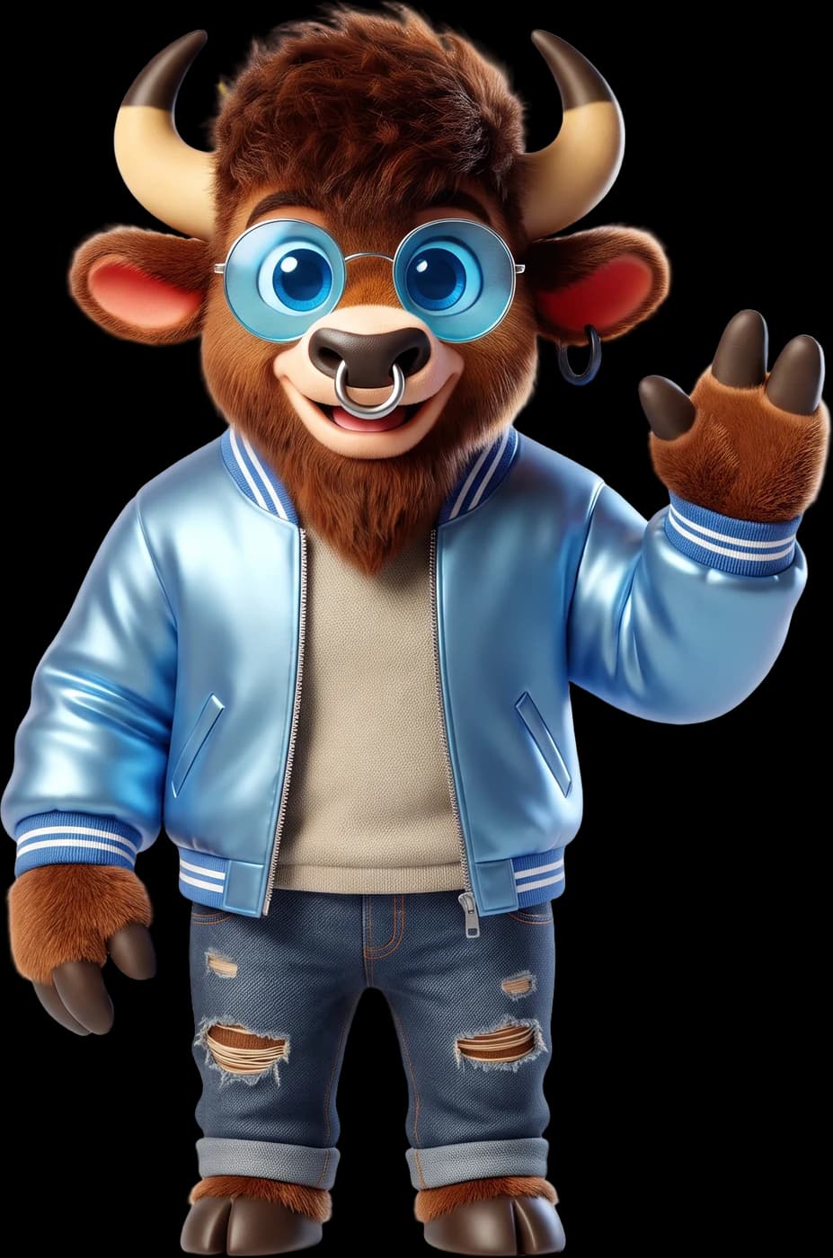 Bizon waving hello in a light blue jacket