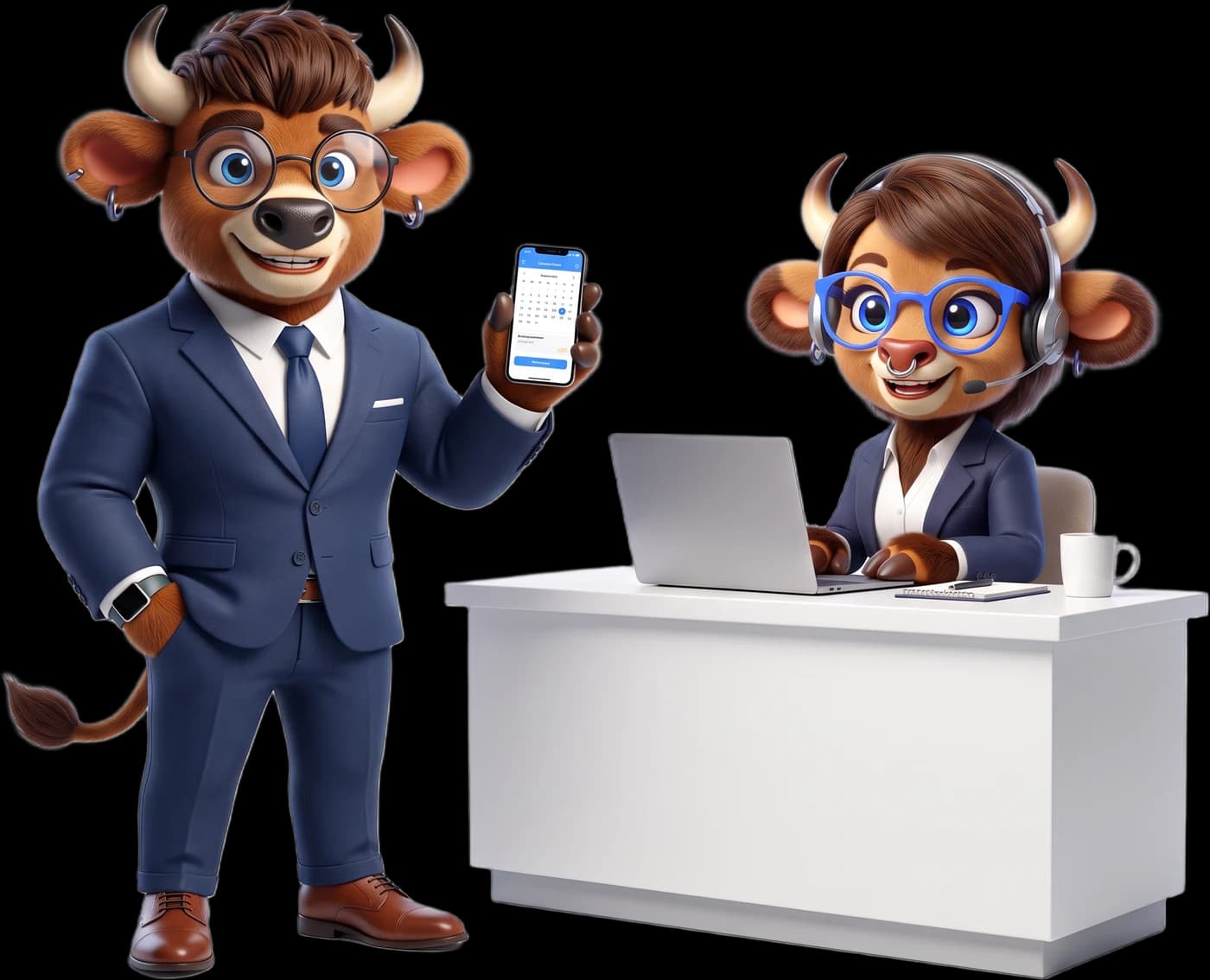 Bizon Sales: un bisonte ejecutivo de ventas con traje azul marino y un teléfono con una cita agendada, junto a una bisonte recepcionista con audífonos en su escritorio